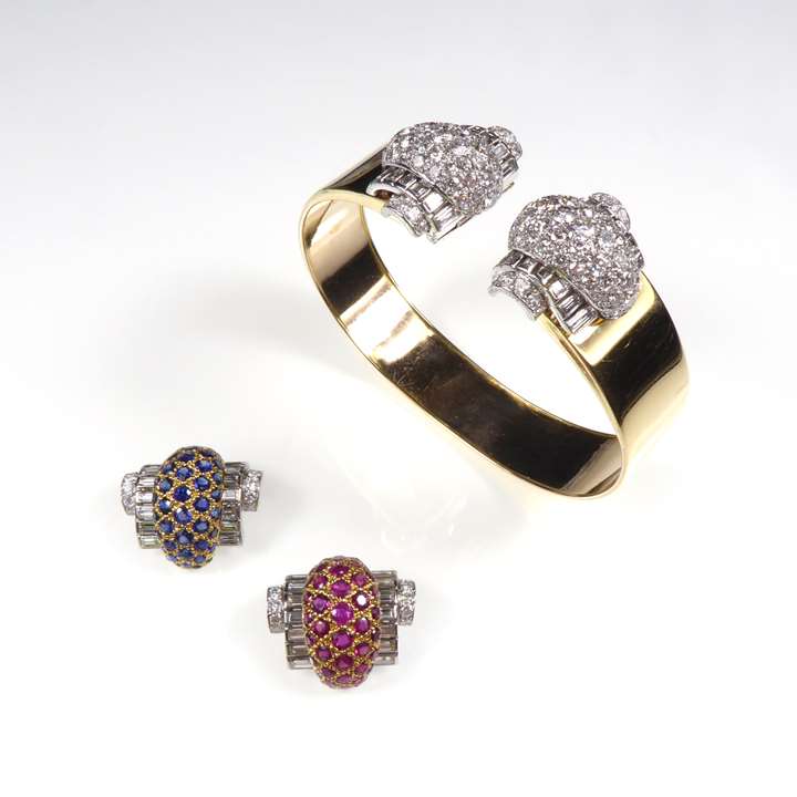 Two matching pairs of diamond, sapphire and ruby interchangeable clip brooches